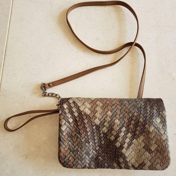 Nine West Crossbody Bag Neutral Tones Woven Faux Leather Pattern Boho Y2K - Picture 3 of 8